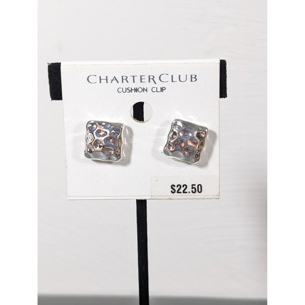 Charter Club Silver Tone Hammered Cushion Clip On Earrings New
